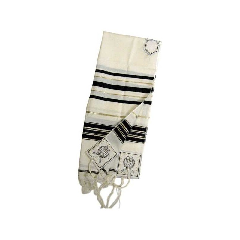פסים מסורתיים שחורים וזהב צמר טלית | טלית/טאליס | יוּדָאִיקָה